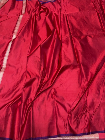 Red Handwoven Pure Banarasi Satin Tanchoi Silk Saree