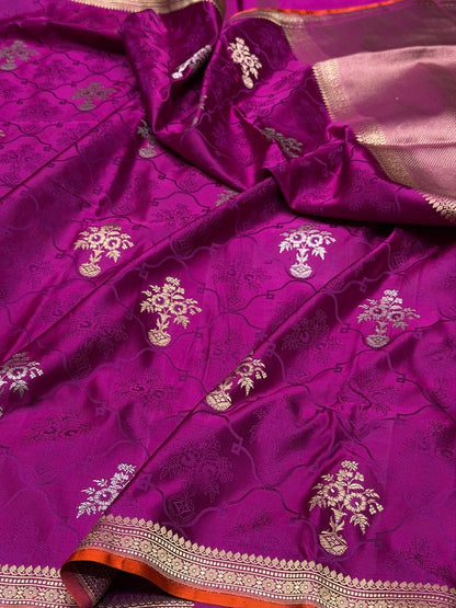Magenta Pink Handwoven Pure Banarasi Satin Silk Saree