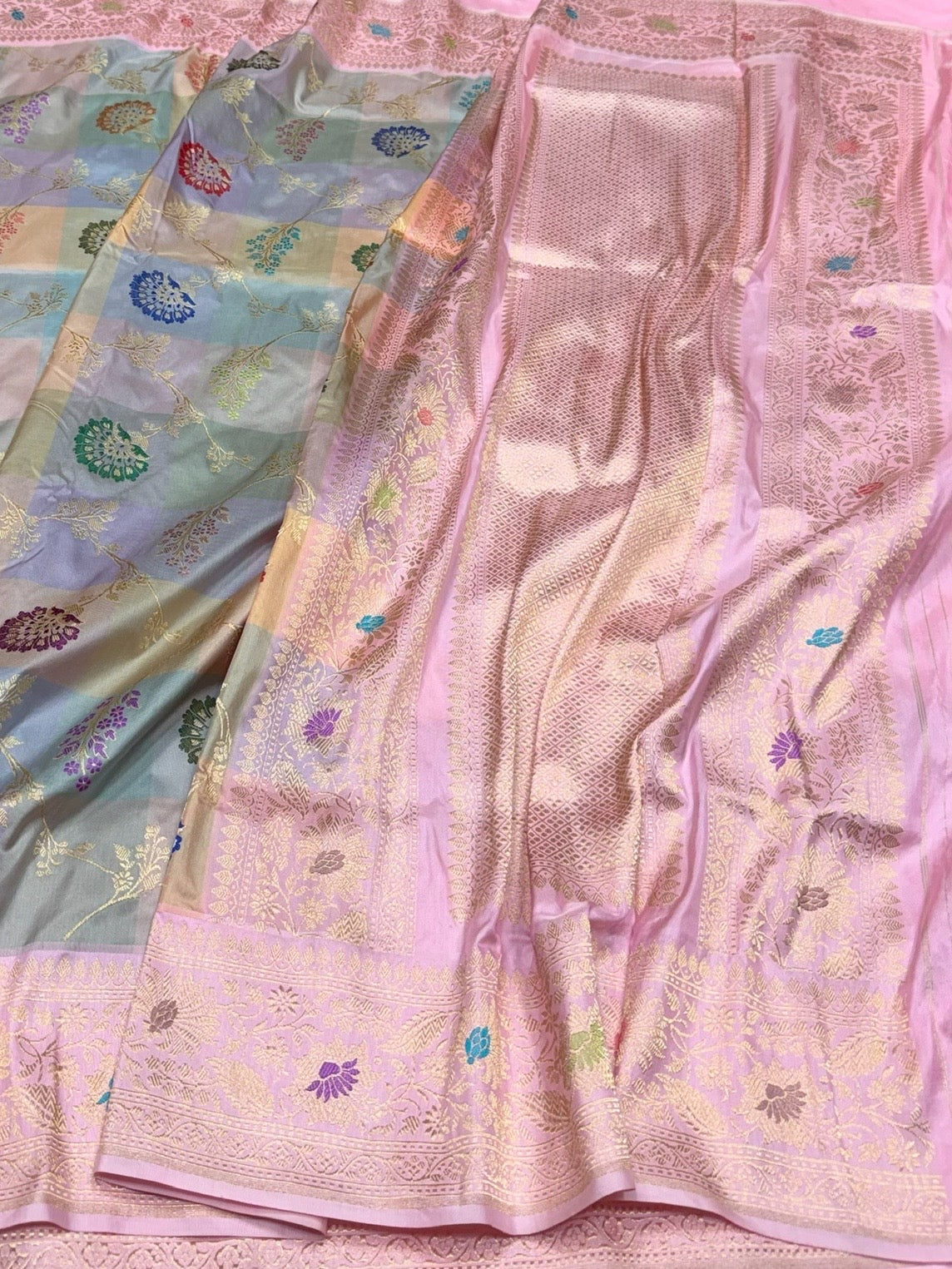Baby Pink Handwoven Pure Banarasi Rangkaat Silk Saree – Pure Katan Silk