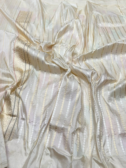 Ivory Handwoven Pure Banarasi Rangkaat Silk Saree – Pure Katan Silk
