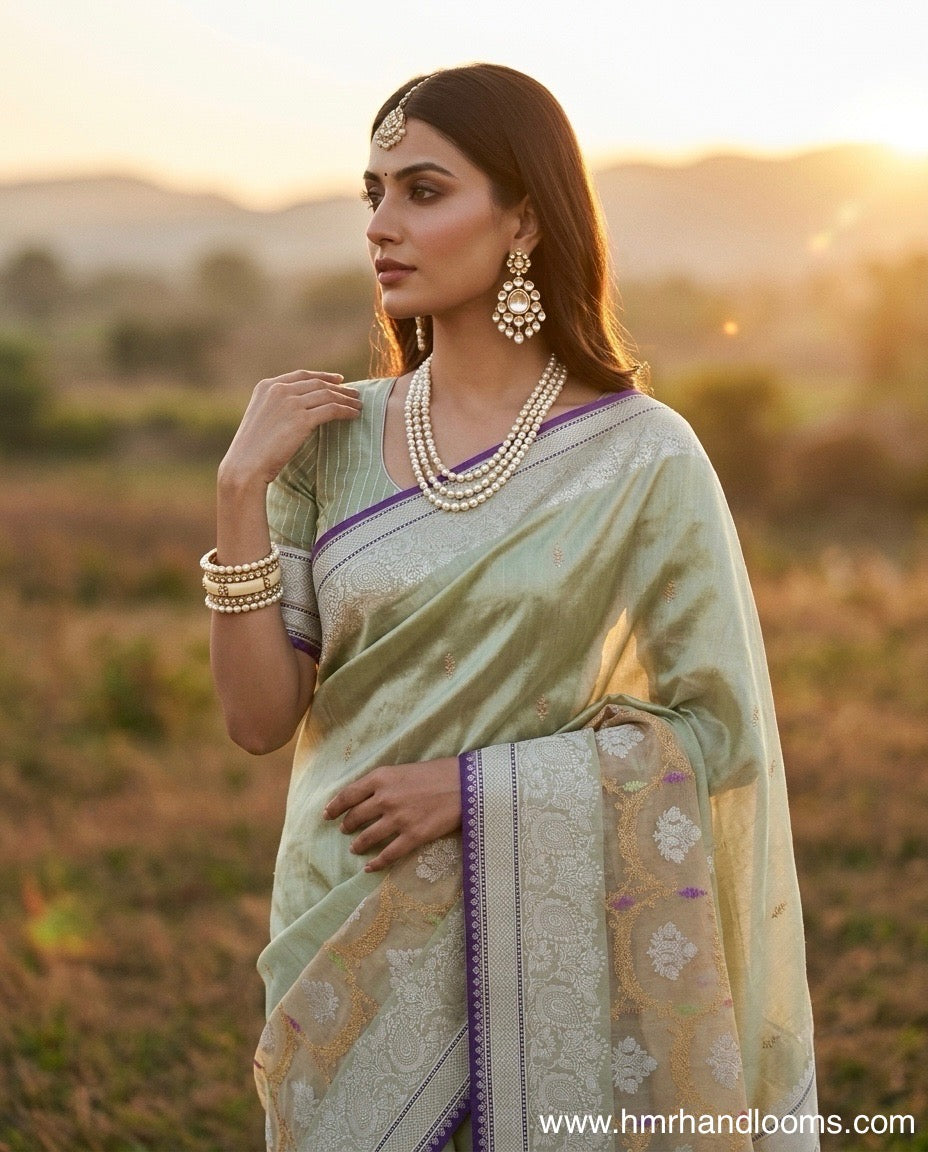 Soft Sea Green Handwoven Pure Banarasi Tissue Saree in Kadwa Weave | Pure Katan Tissue Silk