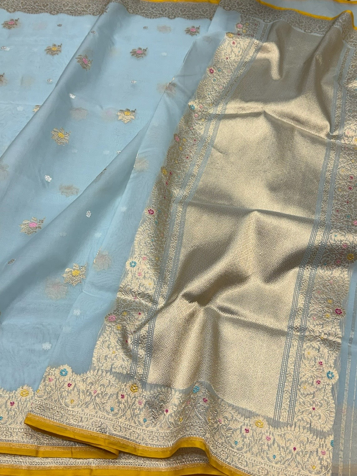 Ocean Blue Handwoven Banarasi Pure Organza Silk Saree