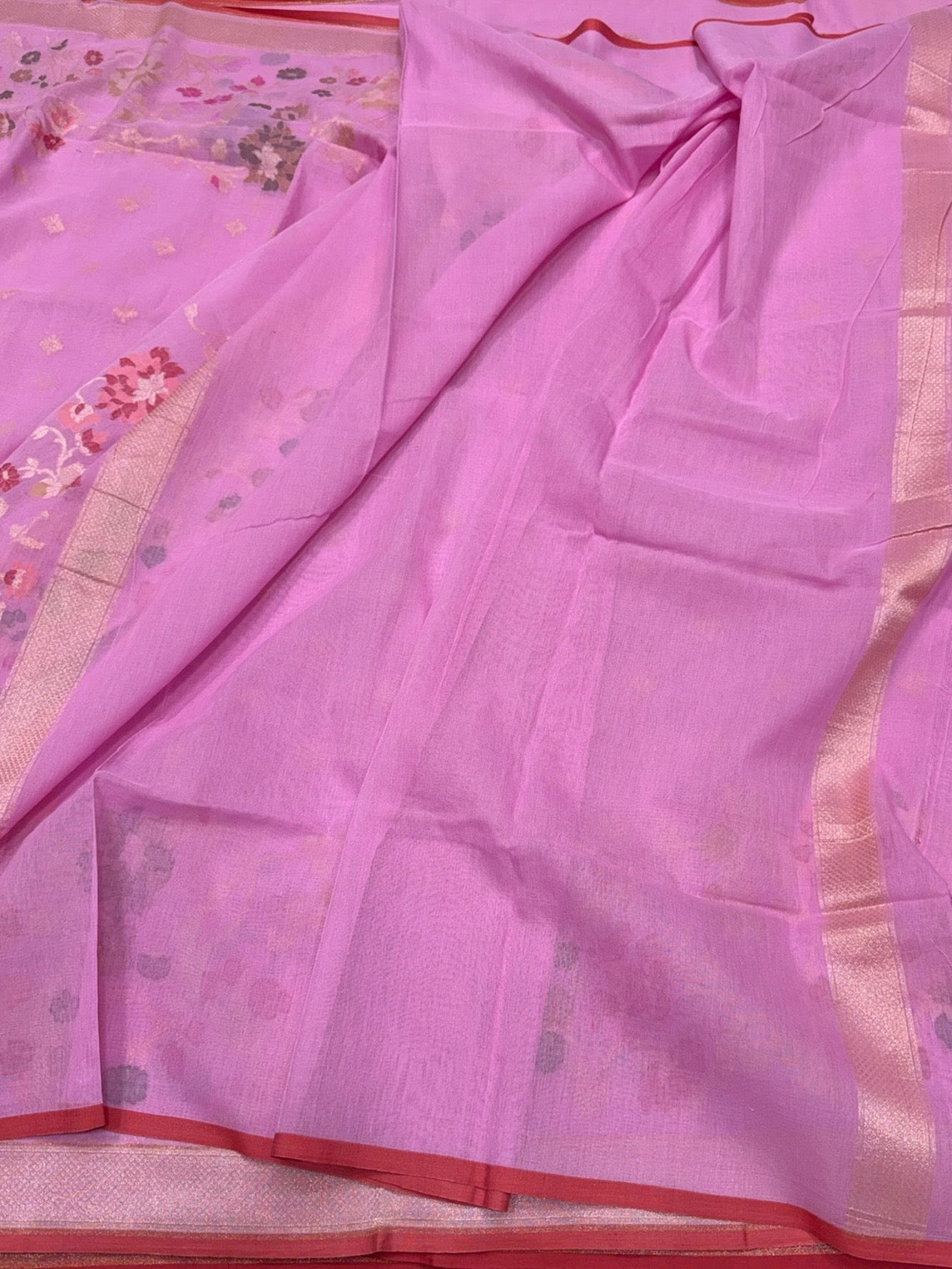 Lavender Pink Pure Muslin Cotton Jamdani Saree