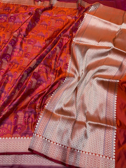 Orange Handwoven Pure Banarasi Satin Silk Saree – Kadwa Weave in 100% Satin Silk