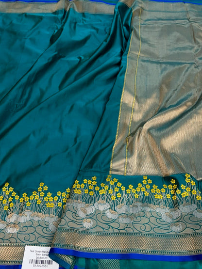 Teal Green Handwoven Pure Banarasi Satin Silk Saree