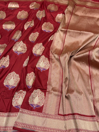 Red Banarasi Tilfi Minakari Pure Katan Silk Saree | Pure Silk | Minakari Work | Cutwork Technique | Banarasi Katan Silk Saree