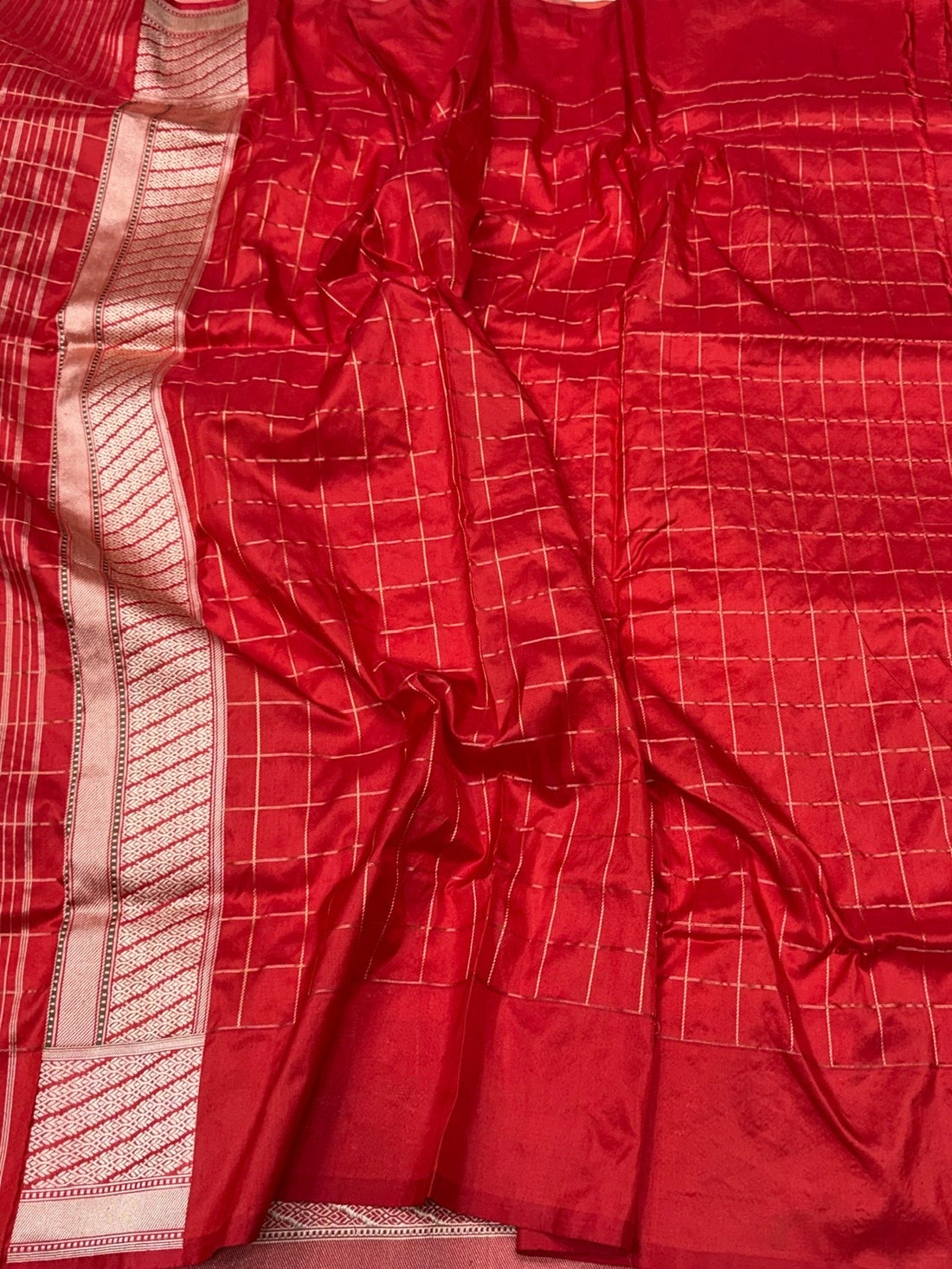 Rustic Orange Handwoven Pure Banarasi Rangkaat Saree in Katan Silk – Traditional Checks Weave