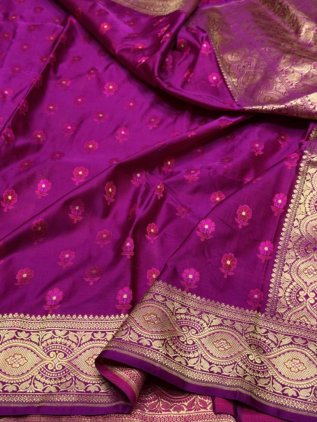 Magenta Pink Handwoven Pure Banarasi Satin Tanchoi Silk Saree – Cutwork Weave | Pure Satin Silk | Luxury Tanchoi Design