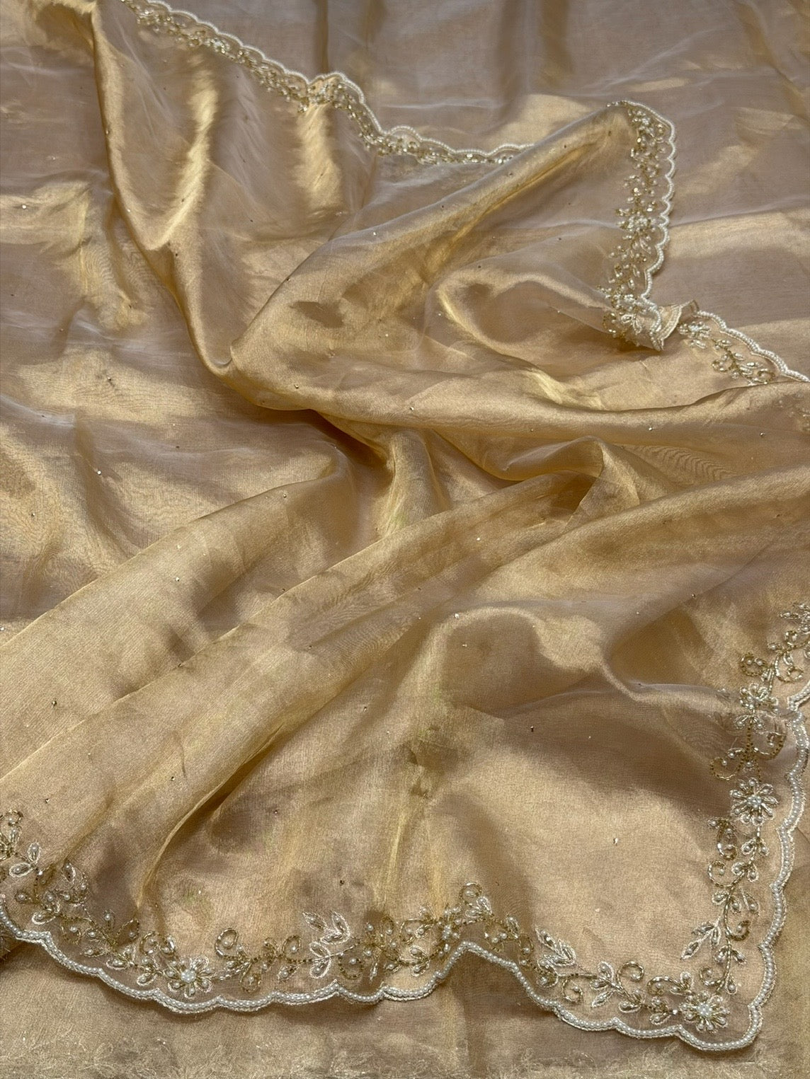 Champagne Gold Pure Banarasi Tissue Hand Embroidery | Pure Kora Tissue | Cutwork Technique | Lightweight Banarasi Saree