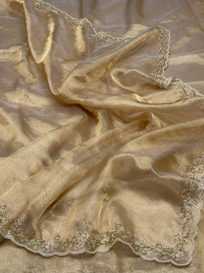 Champagne Gold Pure Banarasi Tissue Hand Embroidery | Pure Kora Tissue | Cutwork Technique | Lightweight Banarasi Saree