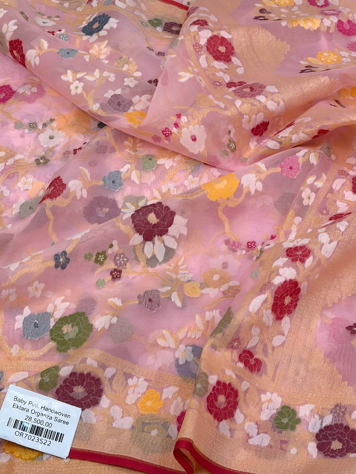 Baby Pink Banarasi Pure Kora Jamdani Saree