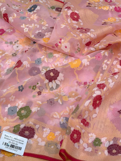 Baby Pink Banarasi Pure Kora Jamdani Saree