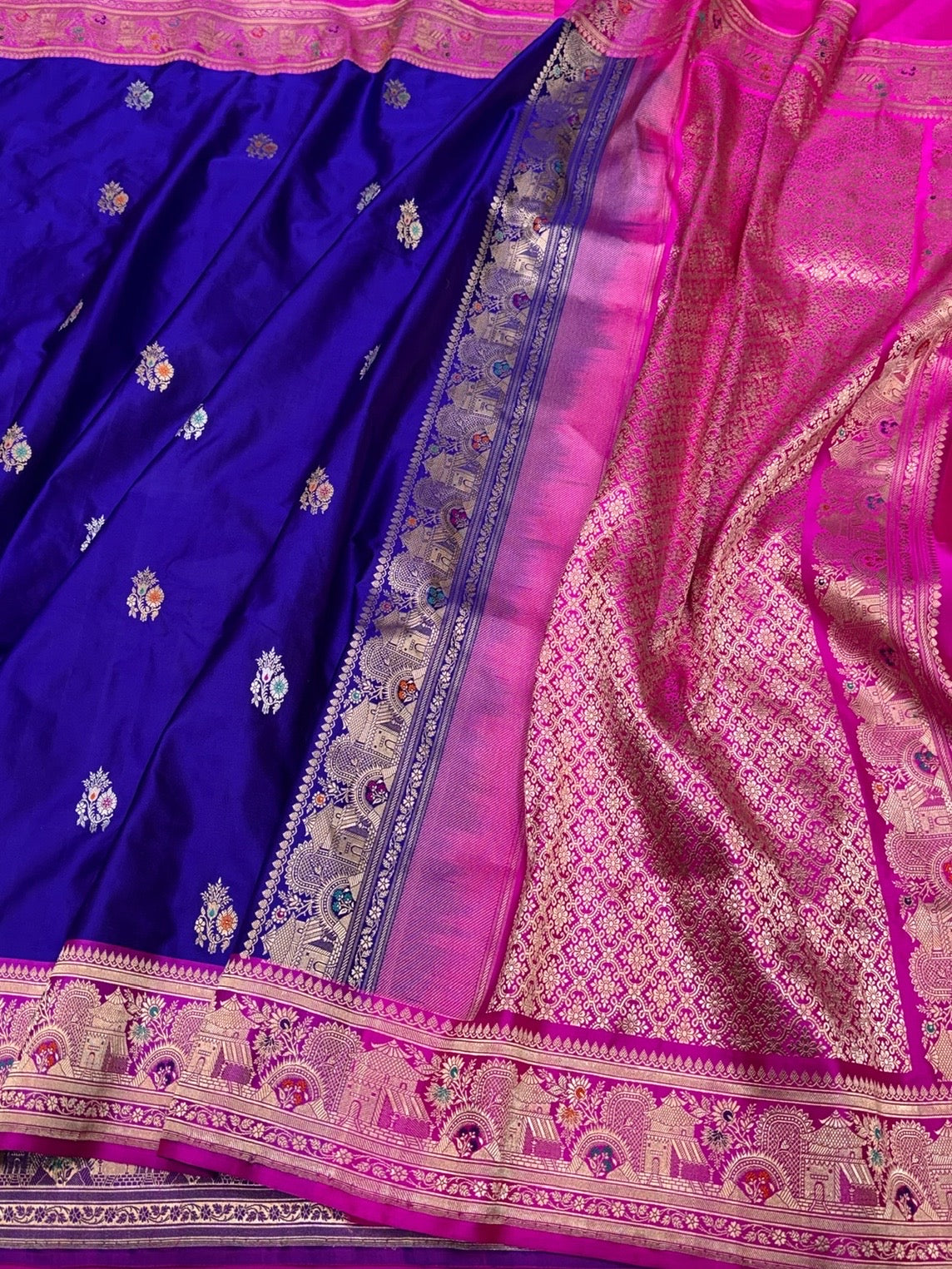 Royal Blue Handwoven Pure Banarasi Satin Silk Saree – Authentic Kadwa Weave