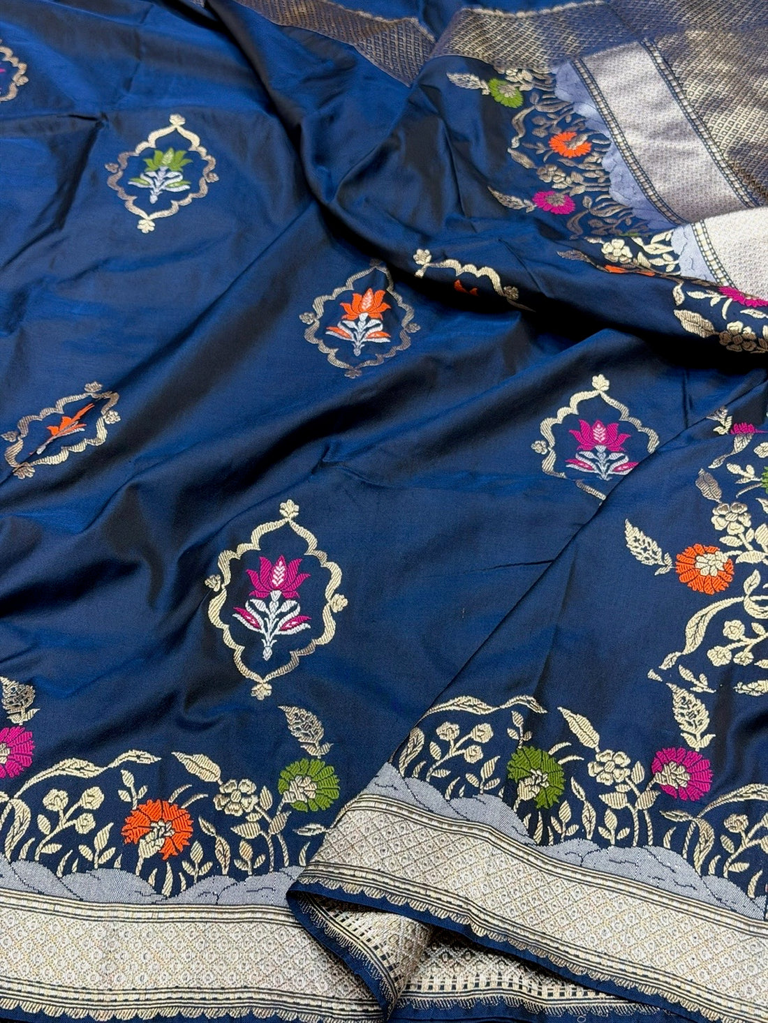 Navy Blue Handwoven Pure Banarasi Ektara Silk Saree – Kadwa Iktara Weave, Pure Mulberry Silk