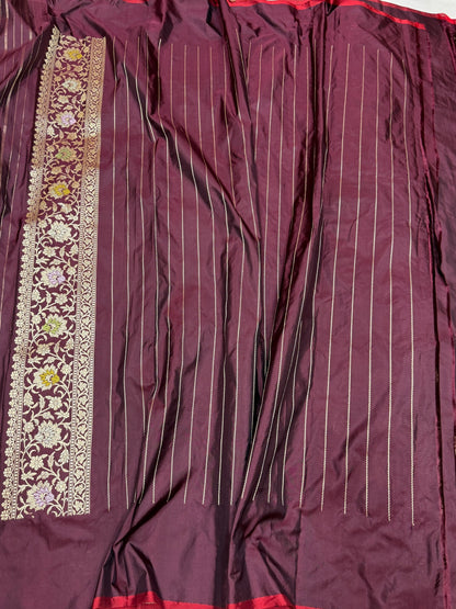 Wine Handwoven Pure Banarasi Silk Saree in Kadwa Weave