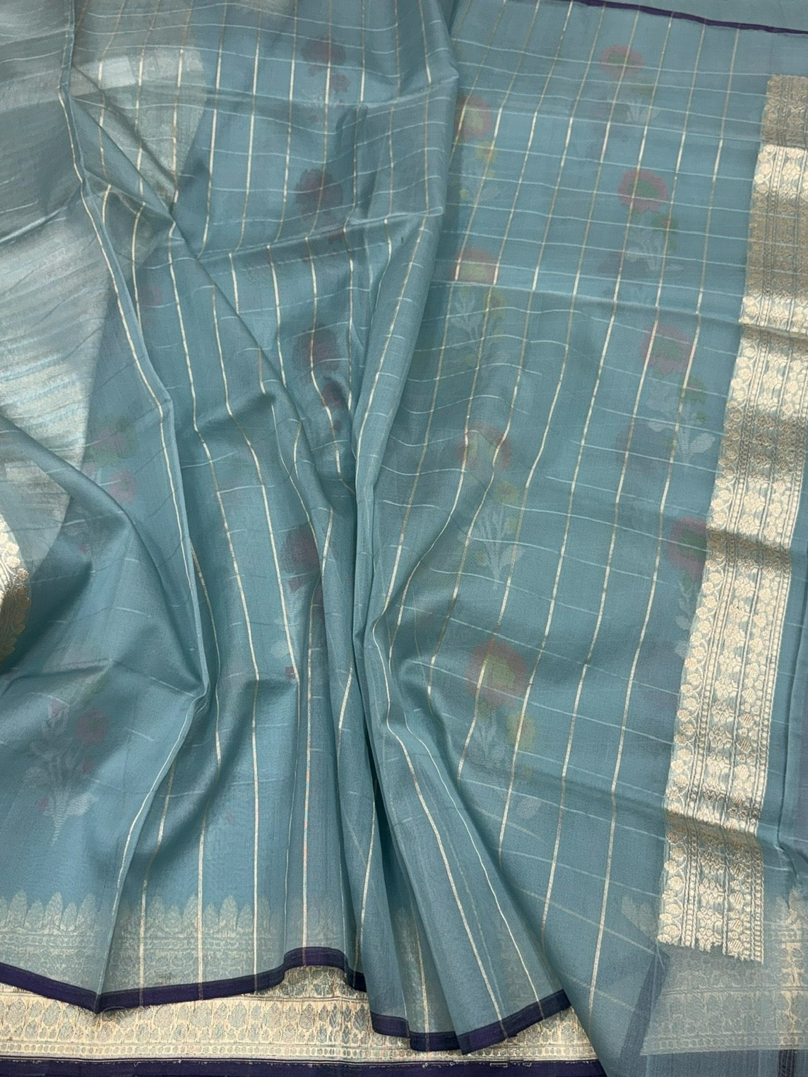 Ocean Blue Handwoven Pure Organza Jamdani Saree