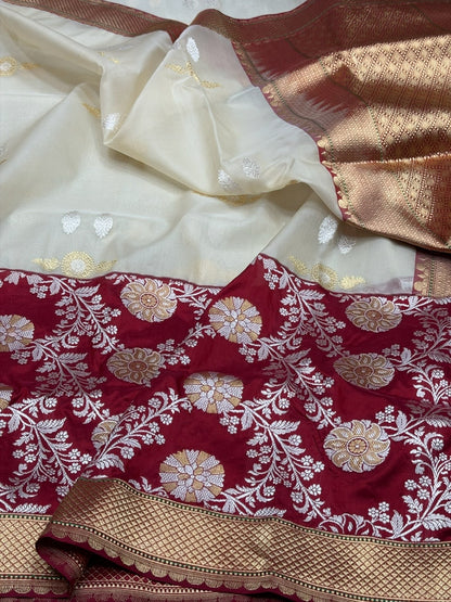 Ivory Handwoven Pure Banarasi Organza Silk Saree in Kadwa Weave | 100% Pure Kora Silk