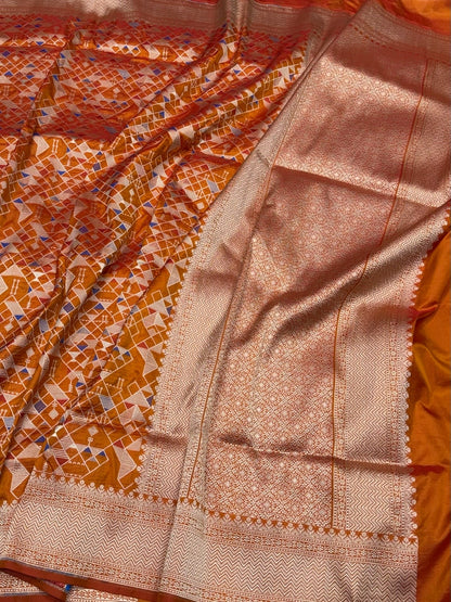 Orange Banarasi Minakari Pure Katan Silk Saree | Pure Silk | Minakari Work | Cutwork Technique | Banarasi Katan Silk Saree