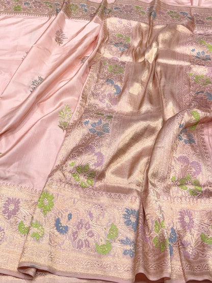 Peach Handwoven Pure Banarasi Ektara Silk Saree – Kadwa Iktara Weave