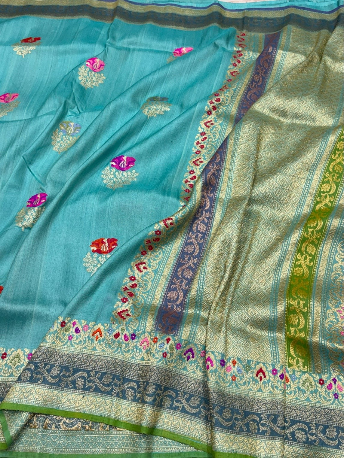Sky Blue Handwoven Pure Tussar Georgette Saree