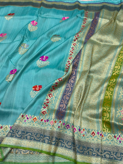Sky Blue Handwoven Pure Tussar Georgette Saree