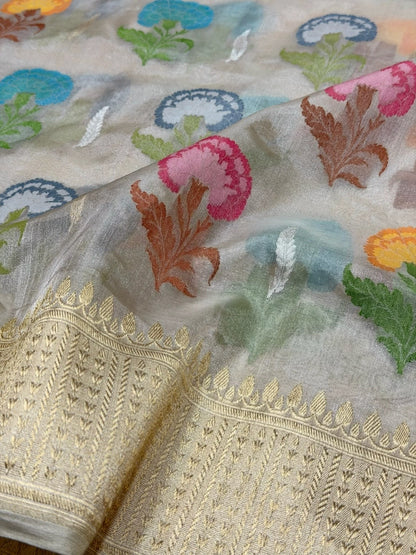 Ivory Handwoven Pure Banarasi Ektara Tissue Saree | Lightweight Kadwa Katan Silk