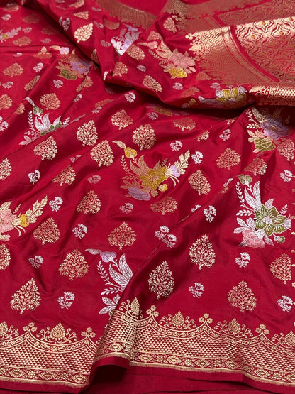 Red Handwoven Pure Banarasi Silk Saree in Kadwa Weave – 100% Katan Mulberry Silk