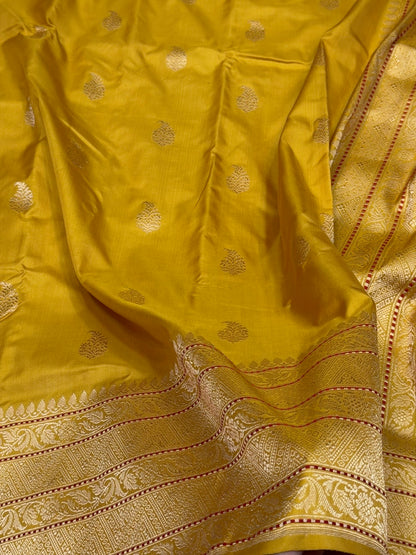 Mustard Yellow Handwoven Pure Banarasi Ektara Silk Saree – Authentic Kadwa Weave