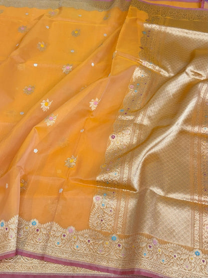 Orange Handwoven Banarasi Pure Organza Silk Saree