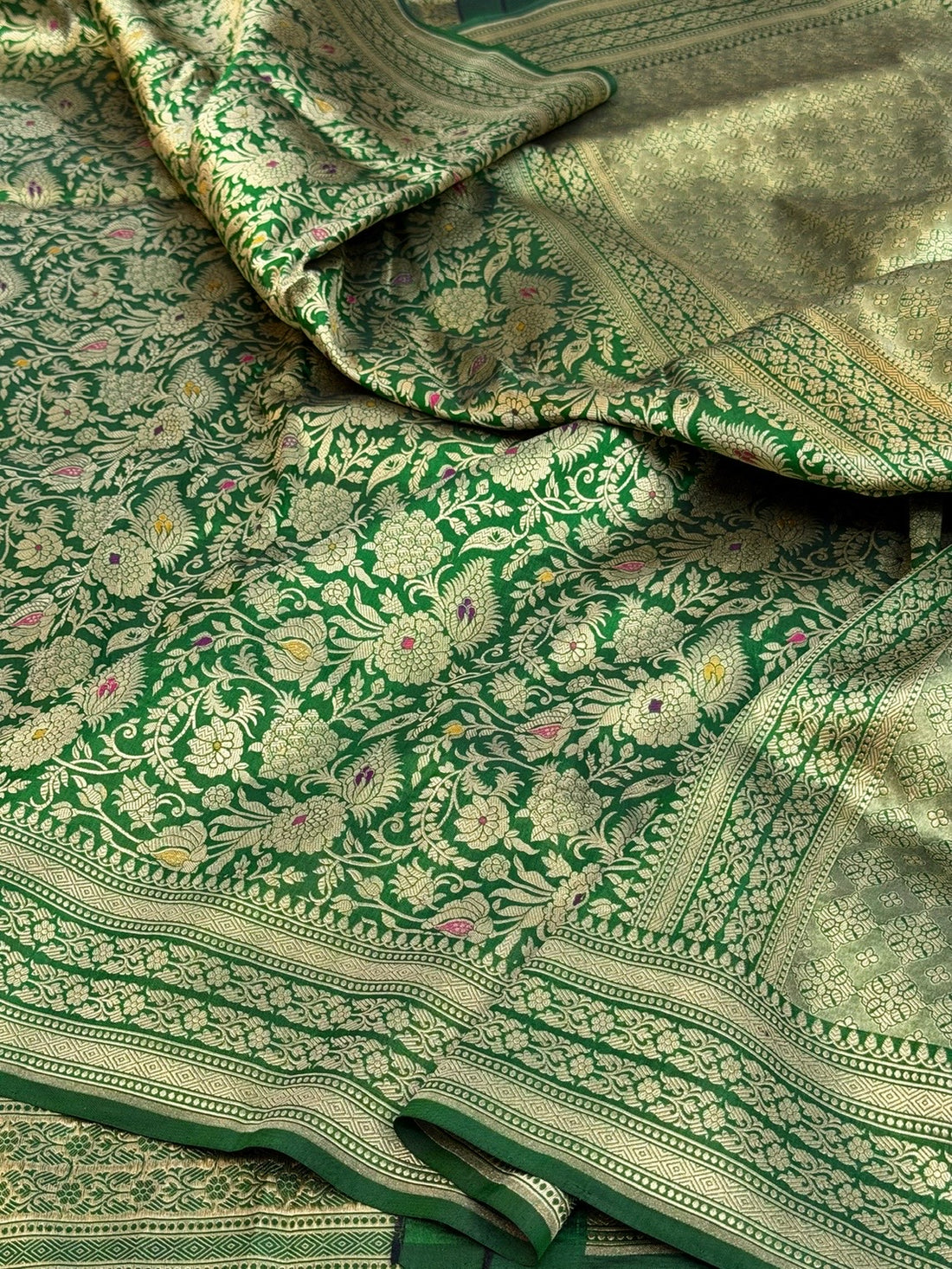 Bottle Green Banarasi Minakari Pure Katan Silk Brocade Saree