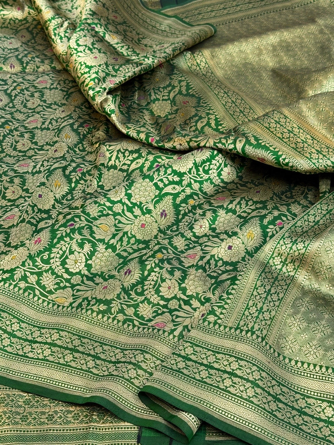 Bottle Green Banarasi Minakari Pure Katan Silk Brocade Saree