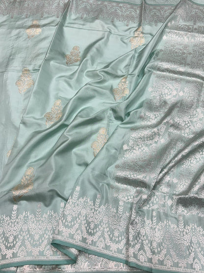 Sea Blue Handwoven Pure Banarasi Ektara Silk Saree – Kadwa Weave in 100% Mulberry Silk