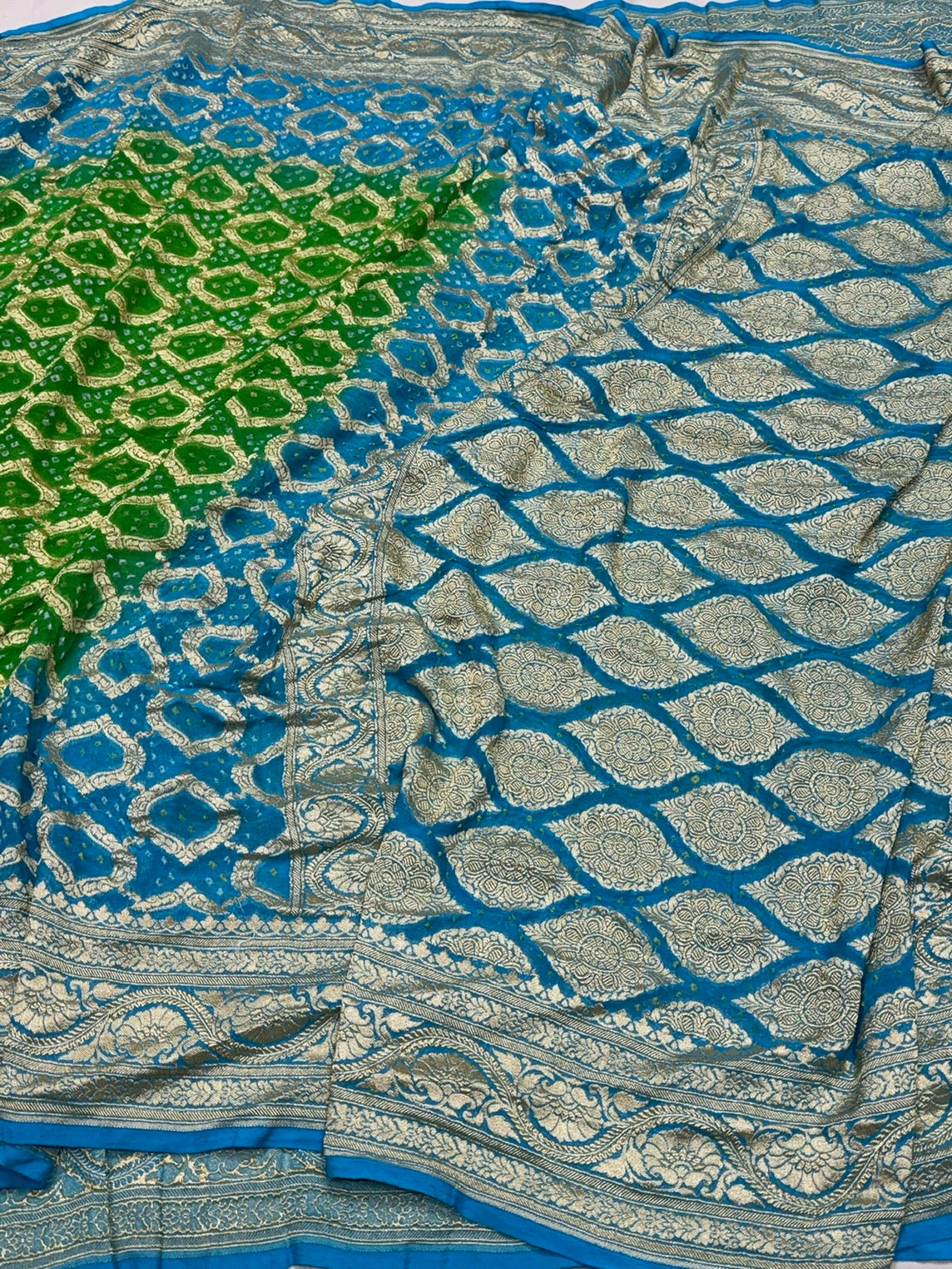 Sky Blue Banarasi Pure Bandhej Georgette Saree – Luxury Cutwork Brocade Festive Saree