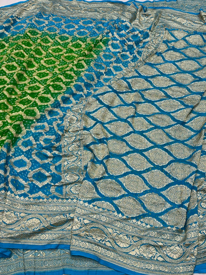 Sky Blue Banarasi Pure Bandhej Georgette Saree – Luxury Cutwork Brocade Festive Saree