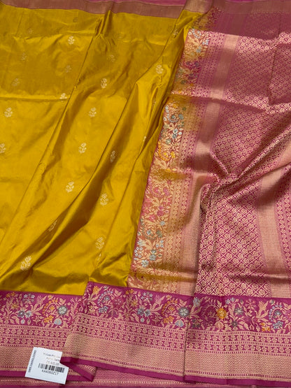 Yellow Handwoven Pure Banarasi Katan Silk Saree 100% Pure Mulberry Silk