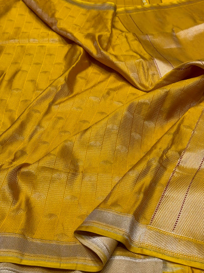 Yellow Handwoven Pure Banarasi Satin Tanchoi Silk Saree – Traditional Tanchoi Weave