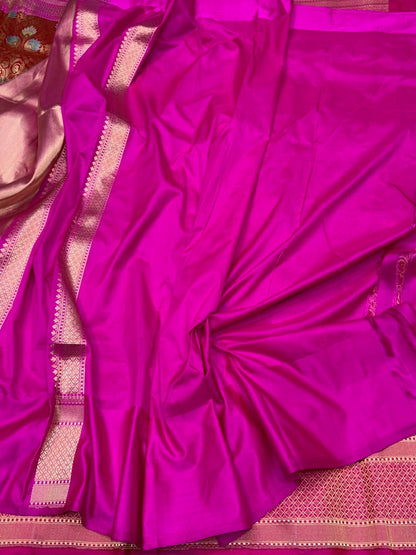 Red Banarasi Silk Brocade Saree with Rani Pink Satin Border – Katan Silk Elegance