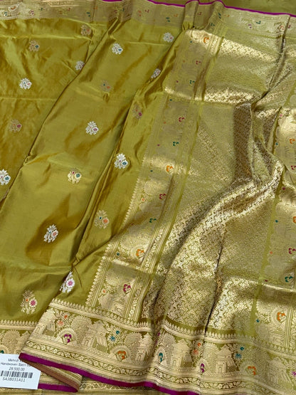 Mehndi Yellow Handwoven Pure Banarasi Satin Silk Saree