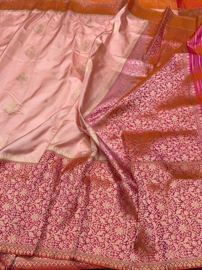 Peach Handwoven Pure Banarasi Ektara Silk Saree – Luxury Kadwa Weave