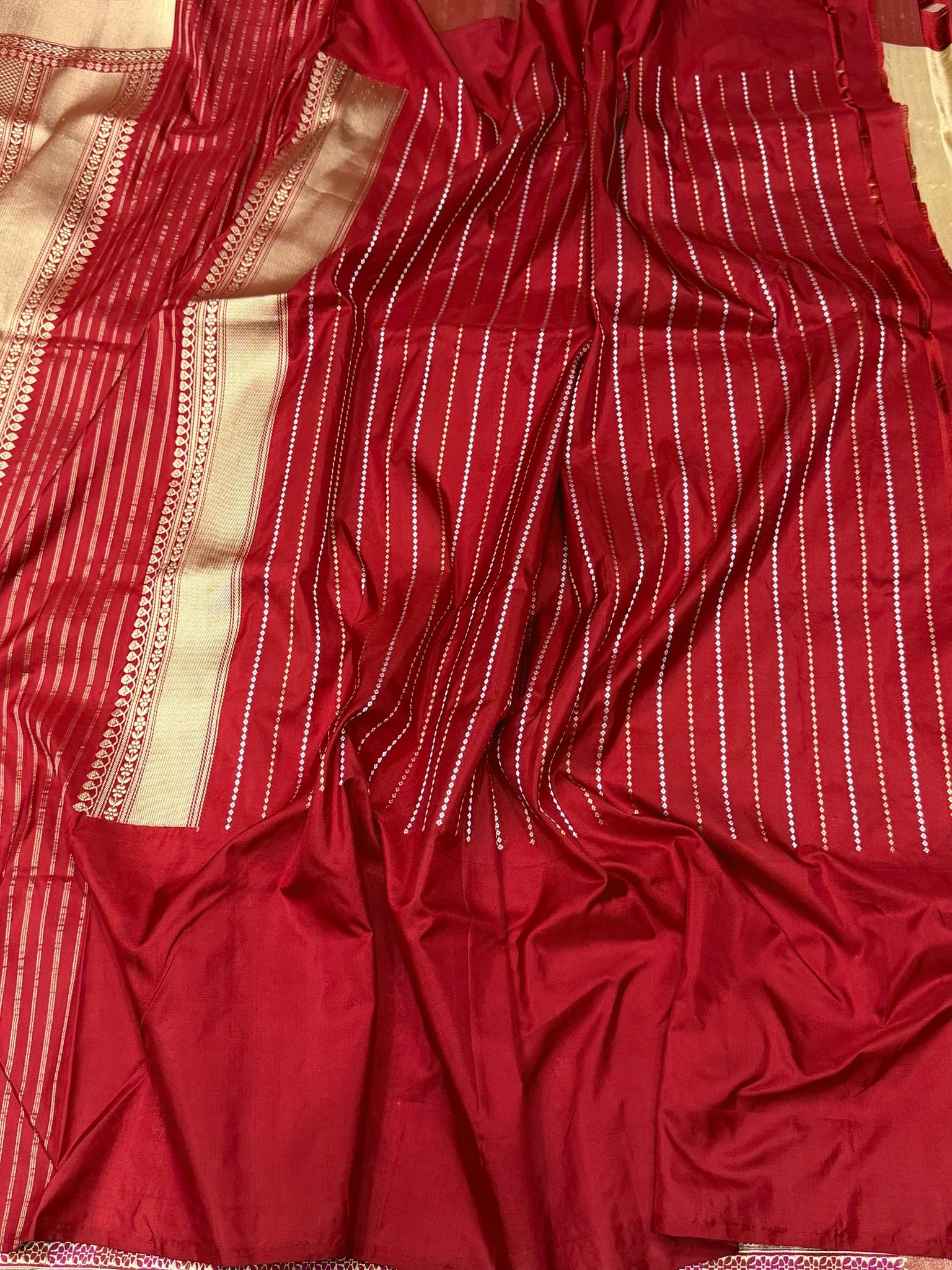 Beige/Red Handwoven Pure Banarasi Tissue Silk Saree