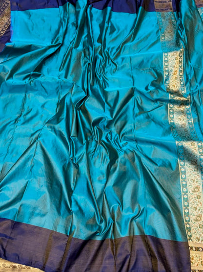 Sky Blue Handwoven Pure Banarasi Satin Tanchoi Silk Saree