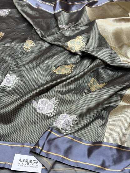 Black Handwoven Pure Banarasi Satin Tanchoi Silk Saree