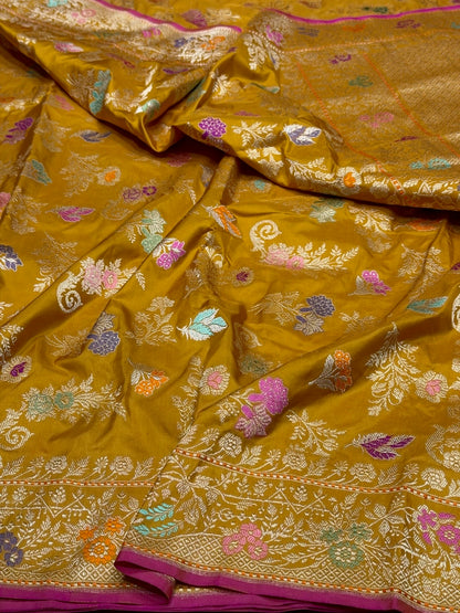 Mustard Gold Handwoven Pure Banarasi Silk Saree in Kadwa Weave | Authentic Katan Mulberry Silk