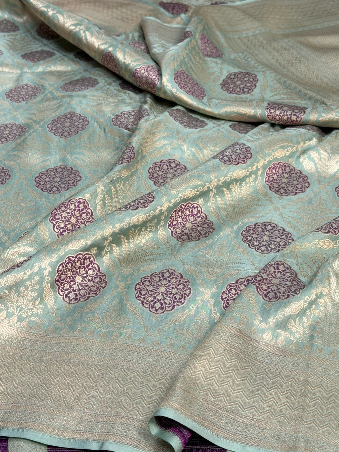 Powder Blue Banarasi Minakari Pure Katan Silk Brocade Saree