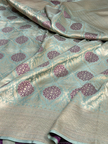 Powder Blue Banarasi Minakari Pure Katan Silk Brocade Saree