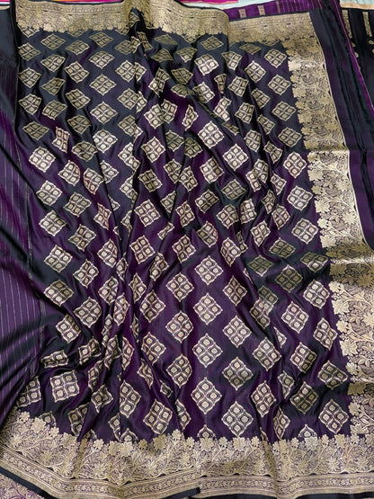 Wine Handwoven Vintage Pure Banarasi Satin Silk Saree