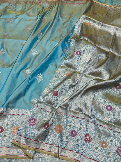 Sea Blue Handwoven Pure Banarasi Ektara Silk Saree