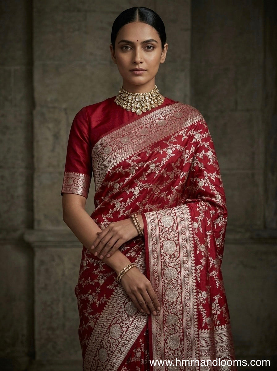 Maroon Handwoven Vintage Pure Banarasi Satin Silk Saree