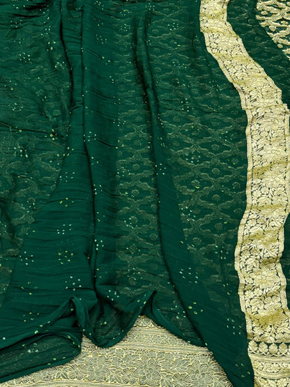 Bottle Green Banarasi Pure Bandhej Georgette Saree – Luxury Cutwork Brocade Festive Saree