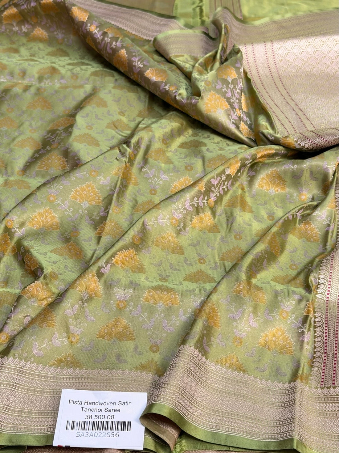 Pista Handwoven Pure Banarasi Satin Tanchoi Silk Saree